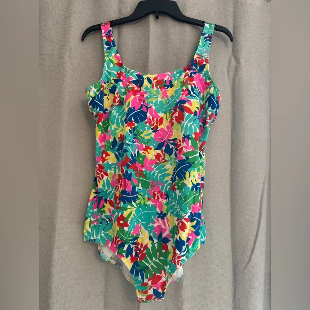 Lands' End Women's One Piece Swimsuit Size 18 Colorful Leaves Tropical EUC - Picture 1 of 3